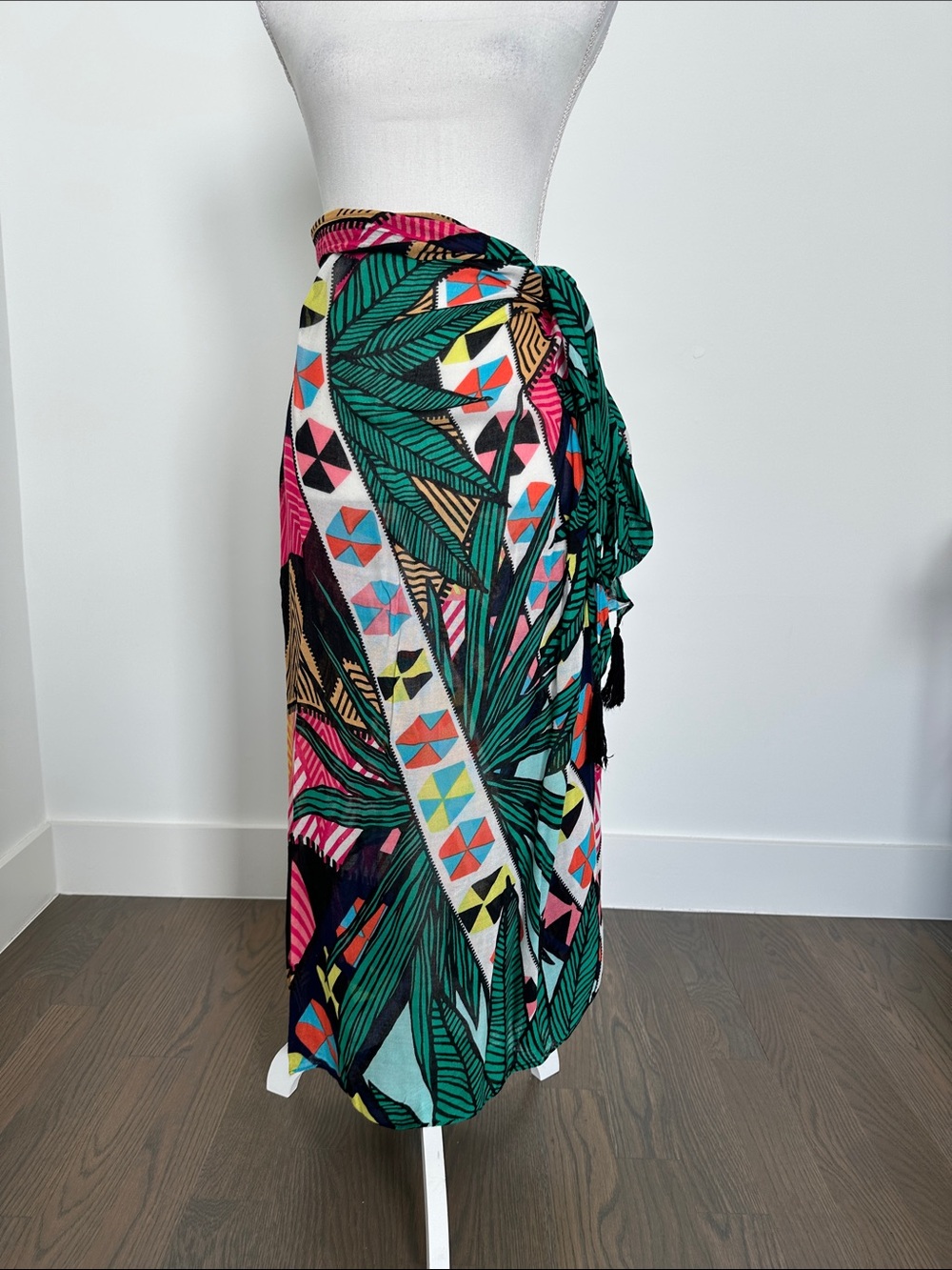 Mara Hoffman Tropical Leaf Print Sarong in Green & Pink